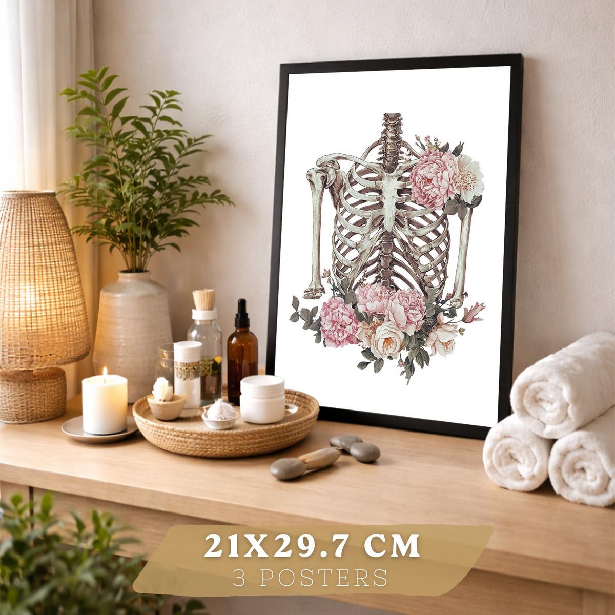 POSTER Set aus 3 Anatomie Florale Drucke und Wandbilder mit Herz Brustkorb und Lungen Detaillierter Illustrationsstil Größe Schwarzer Rahmen A4 - Schwarz, Papier (21/29.7/3cm) - Nacnic