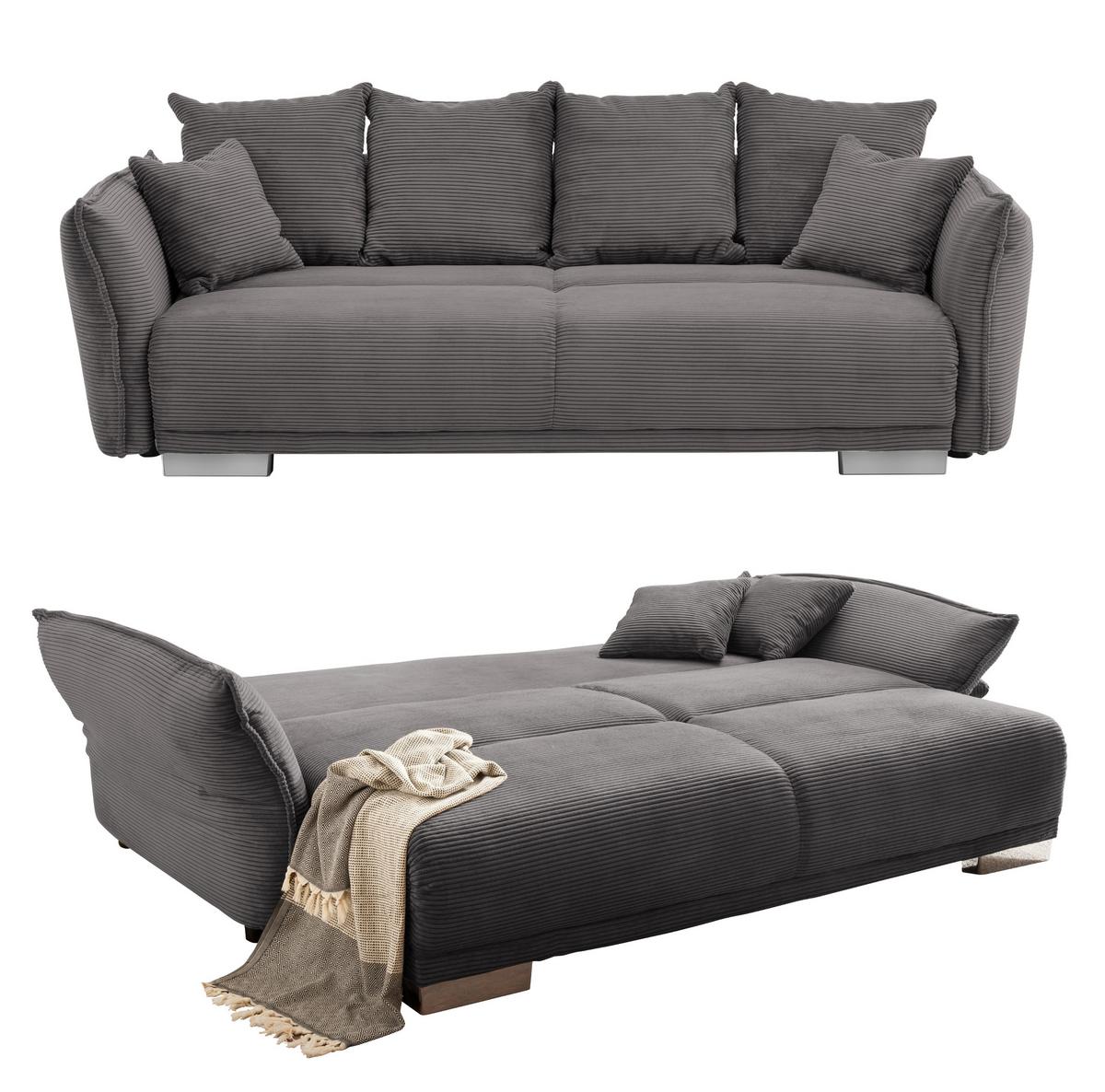 BIG-SOFA mit Schlaffunktion, Bettkasten, Federkern, Armlehnen verstellbar B242/T131/H90 cm, Liegefläche 168x199 cm, Cord Dunkelgrau / 17214 - Chromfarben/Dunkelgrau, Kunststoff/Textil (242/90/131cm) - luma-home