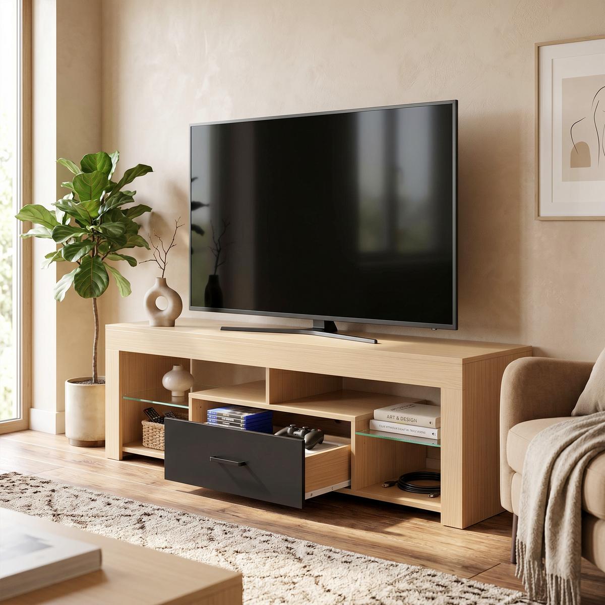 TV-LOWBOARD Spanplatte Glas Eiche - Eichefarben, Glas/Holzwerkstoff (40/45/140cm) - HOMCOM