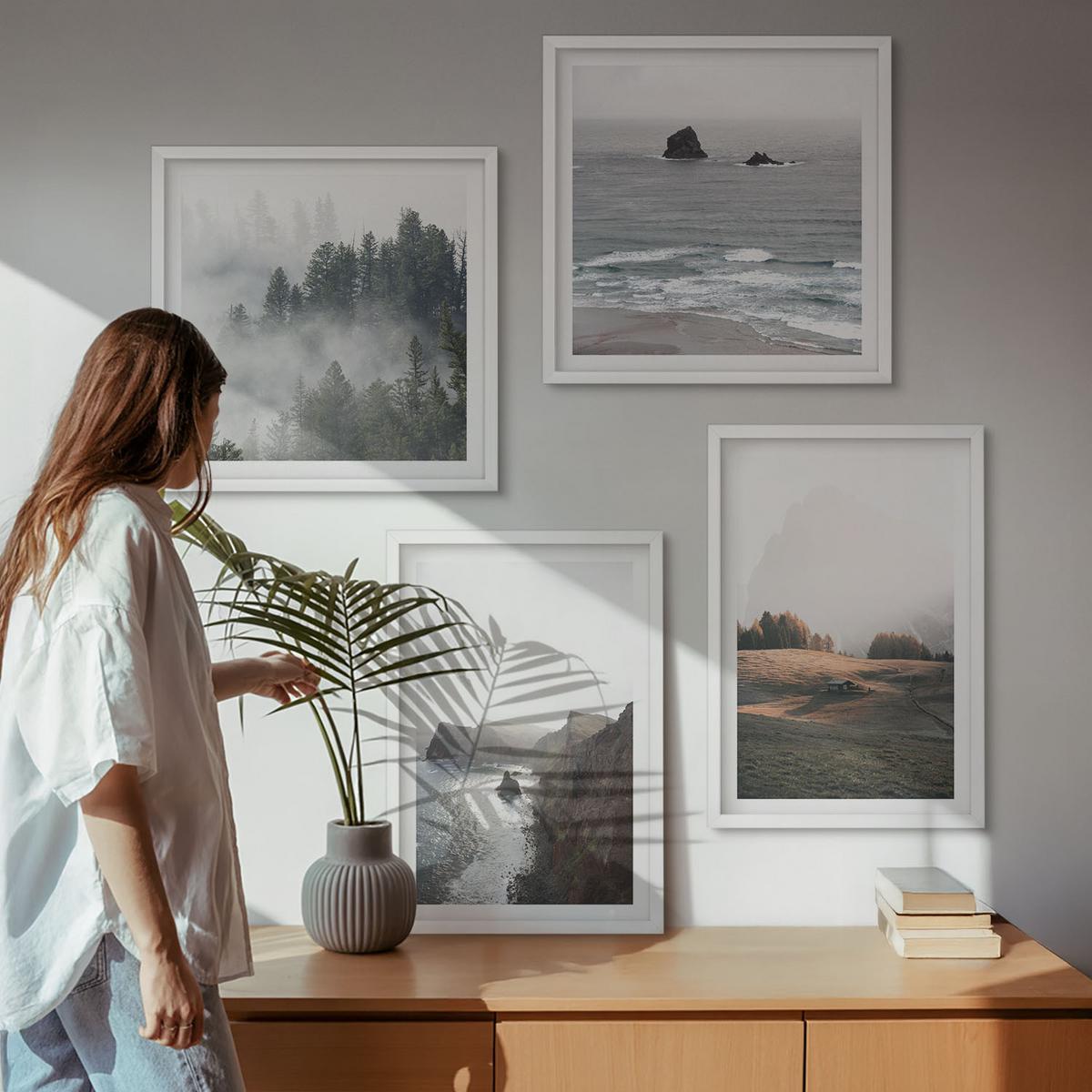 BILDER SET 4er Set - 50x50 cm & 40x60 cm Weißer Rahmen - Landschaften aus Bergen und Meer - Weiß, Kunststoff (50/50cm) - TULUP