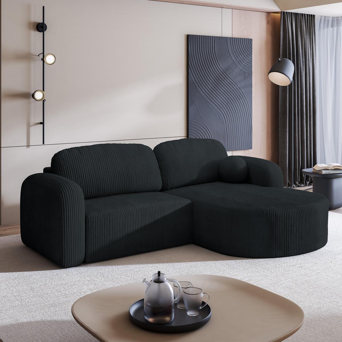 ECKSOFA AMILIA P R-S Schwarz Kordstoff mit Schlaffunktion - Schwarz, Holz (263/174cm) - MASSENO
