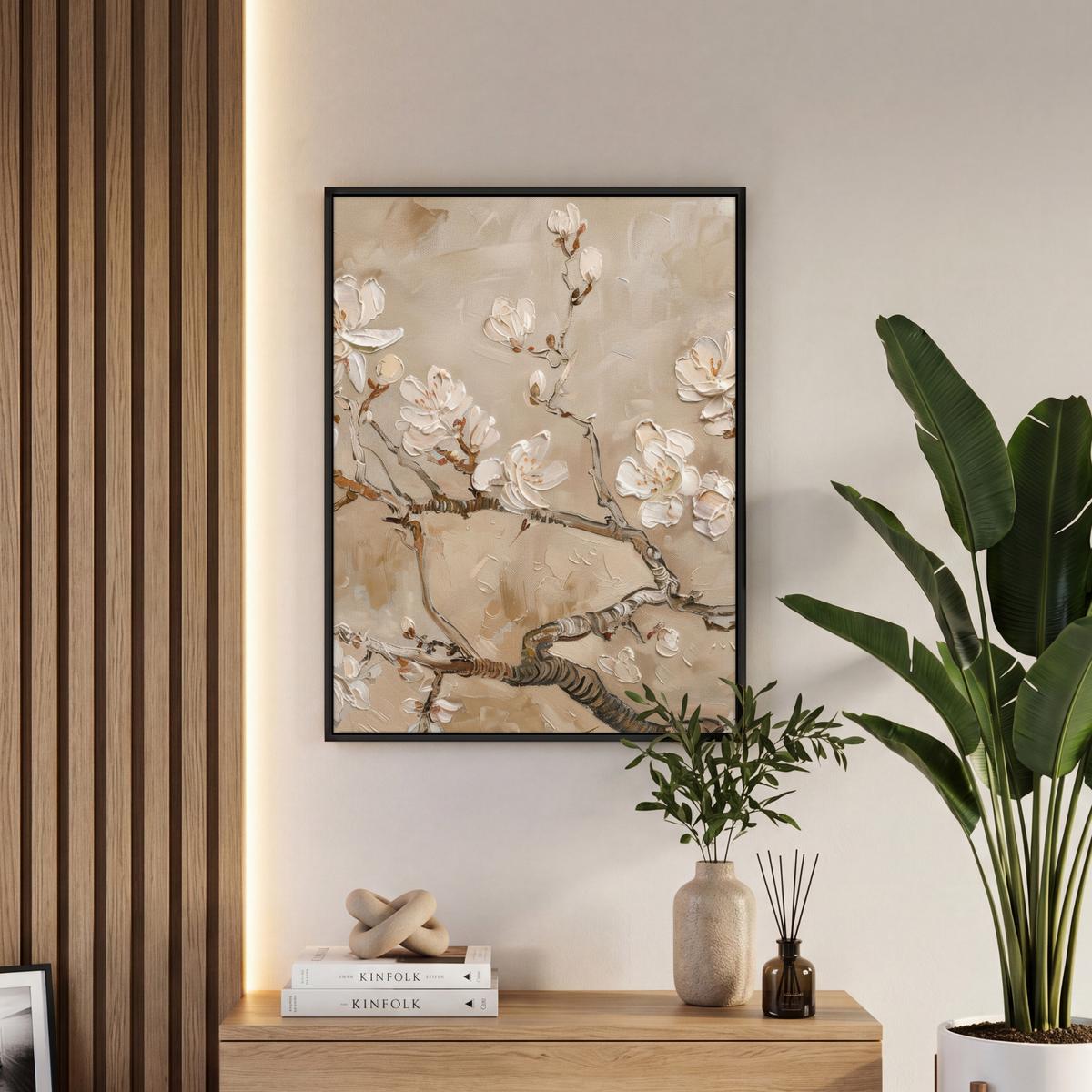 LEINWAND Bilder mit Rahmen - Blumen - Modern - Beige - Weiß - Blüte - 60x80 - Beige, Textil (60/80cm) - MuchoWow