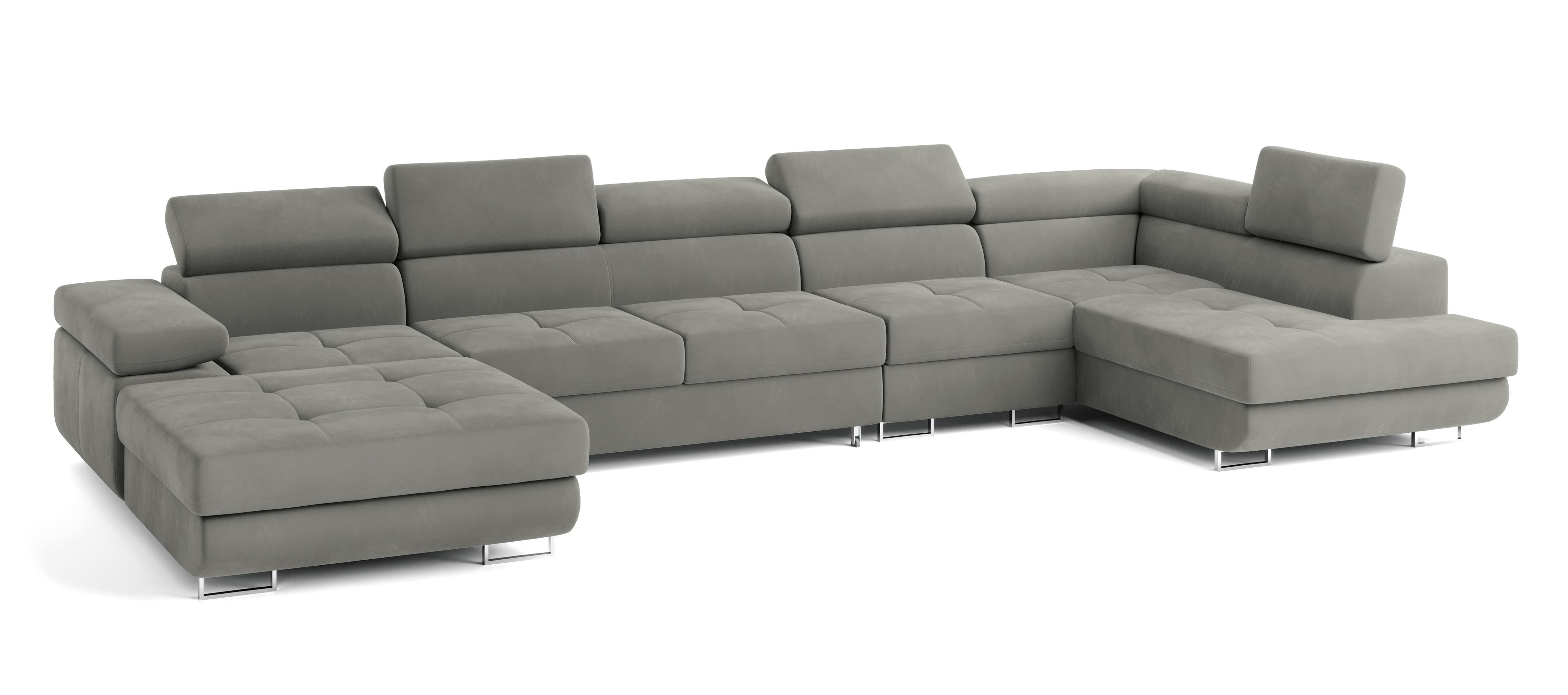 WOHNLANDSCHAFT VELORA R-S Hellgrau Velours-Stoff mit Schlaffunktion - Hellgrau, Holz (419/90/202cm) - MASSENO