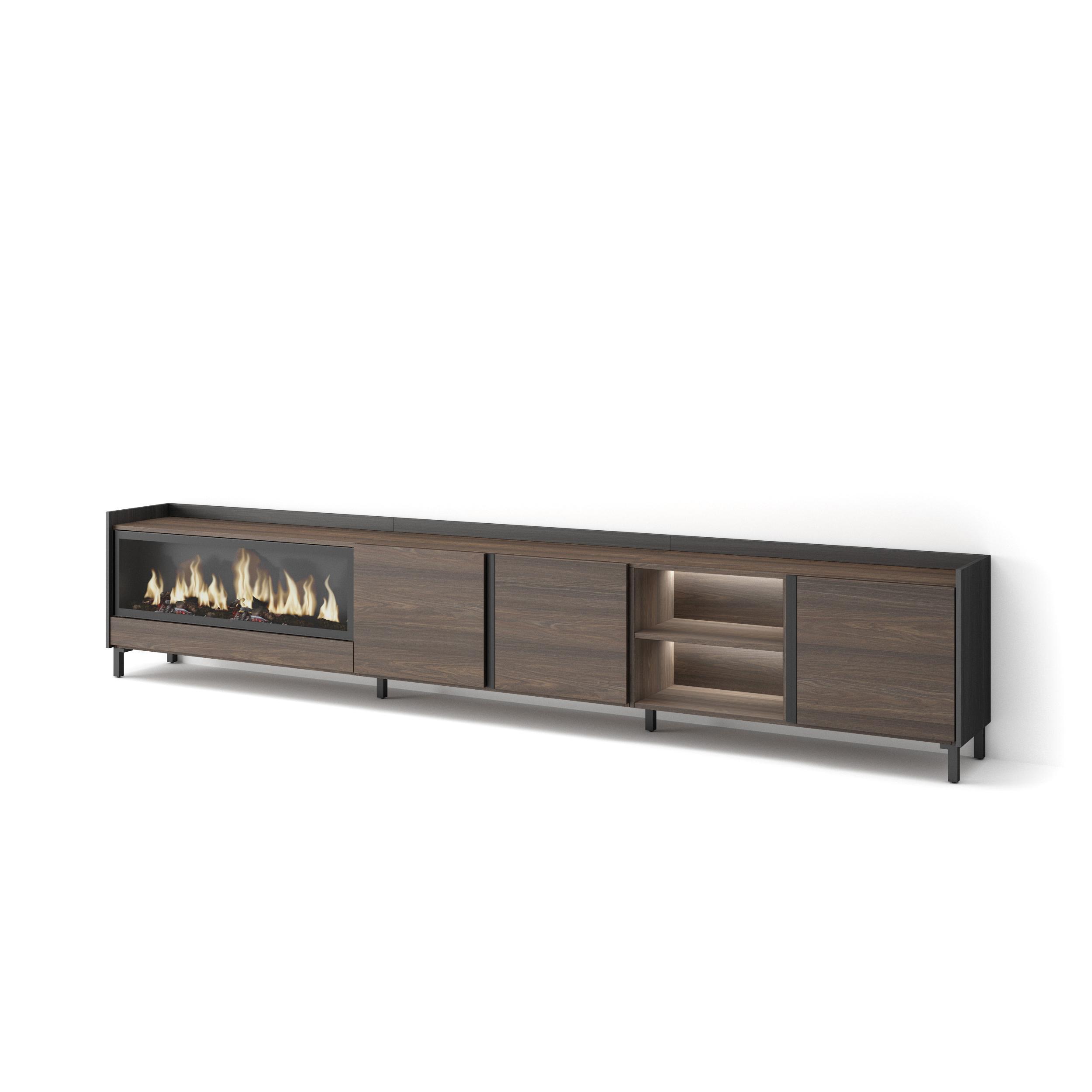 LOWBOARD, Eiche und Schwarz, 315/35/61cm, Kamin mit Feuereffekt XXL - Dunkelbraun, Holzwerkstoff (315/61/35cm) - Skraut Home