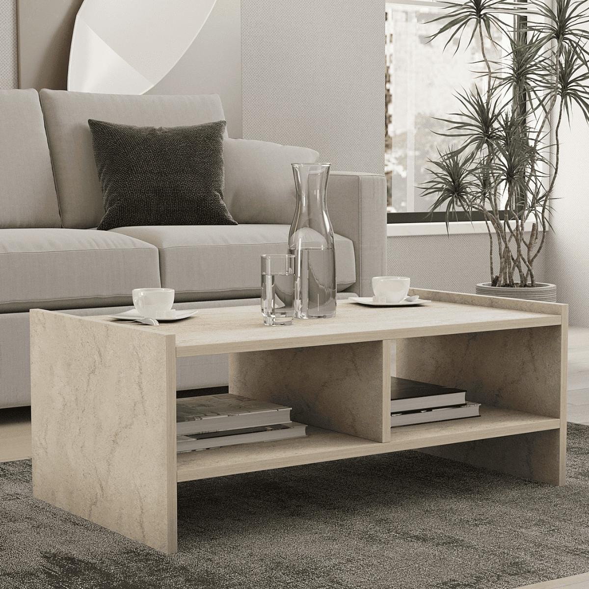 COUCHTISCH mit 2 offenen fächern, travertin-dekor - pera 90/50/35 cm - Beige, Holzwerkstoff (94/50/35cm) - Calicosy