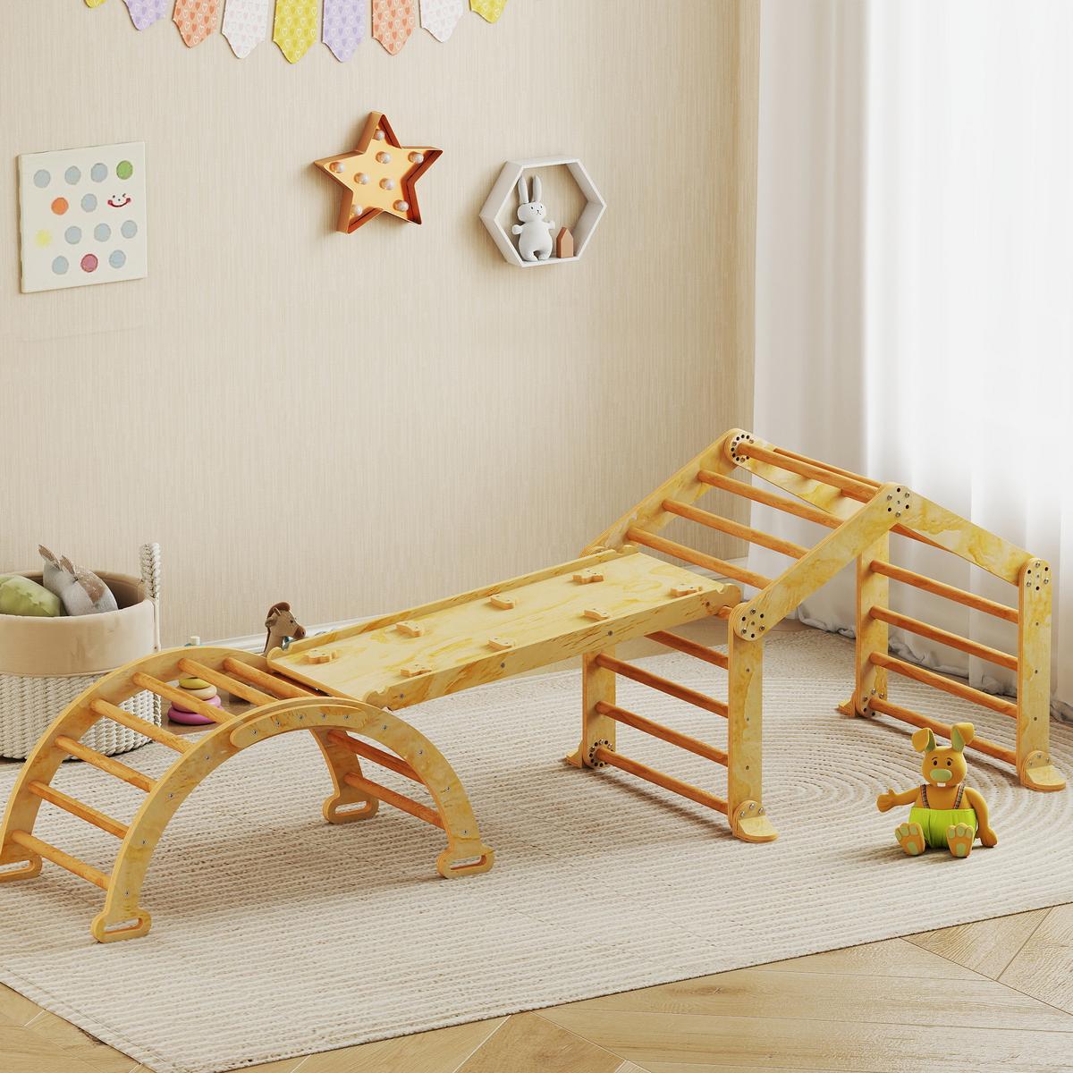 INDOOR-KLETTERGERÜST 9-in-1 Rampe Rutsche Leiter Schreibtafel - Naturfarben, Holz (52.5/48/100cm) - AIYAPLAY