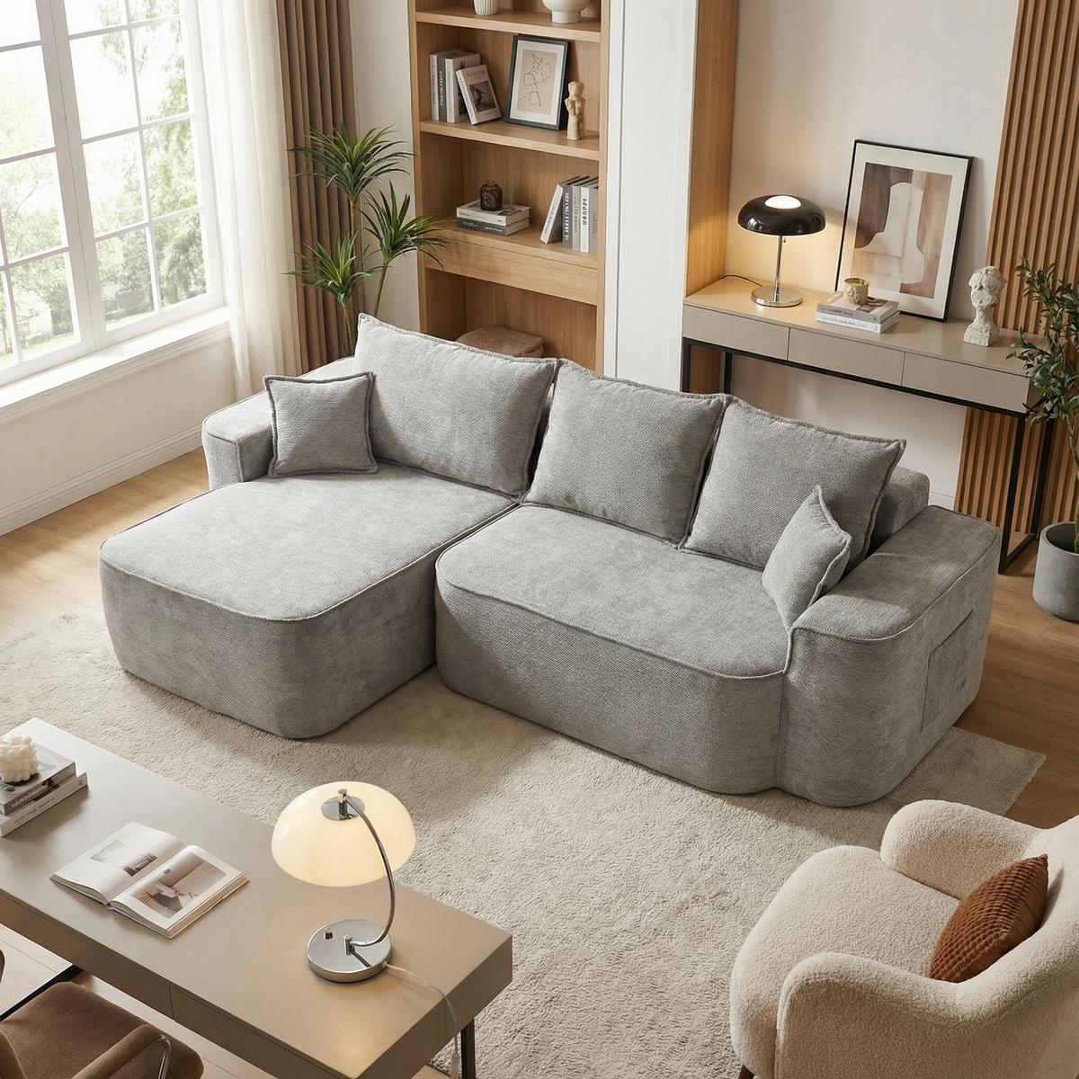 ECKSOFA Modulares L-Form in Chenille Montagefrei - Hellgrau, Textil (262/144cm) - Urban Meuble