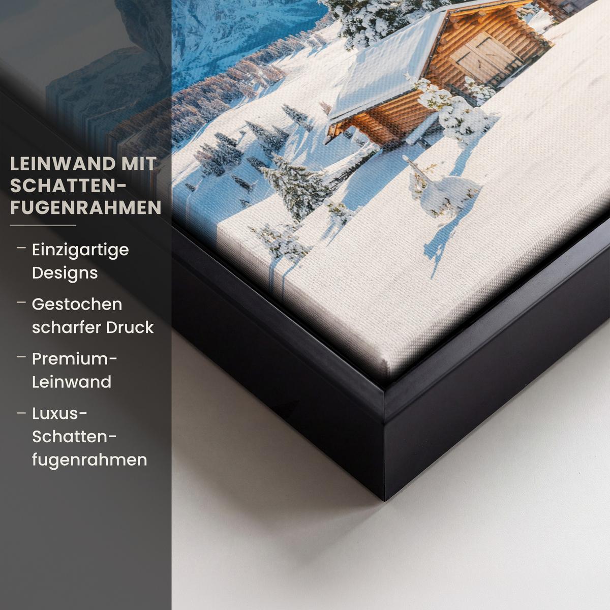LEINWAND Bilder mit Rahmen - Winter - Hütte - Berge - Aussicht - Schnee - 20x20 - Eichefarben, Textil (20/20cm) - MuchoWow