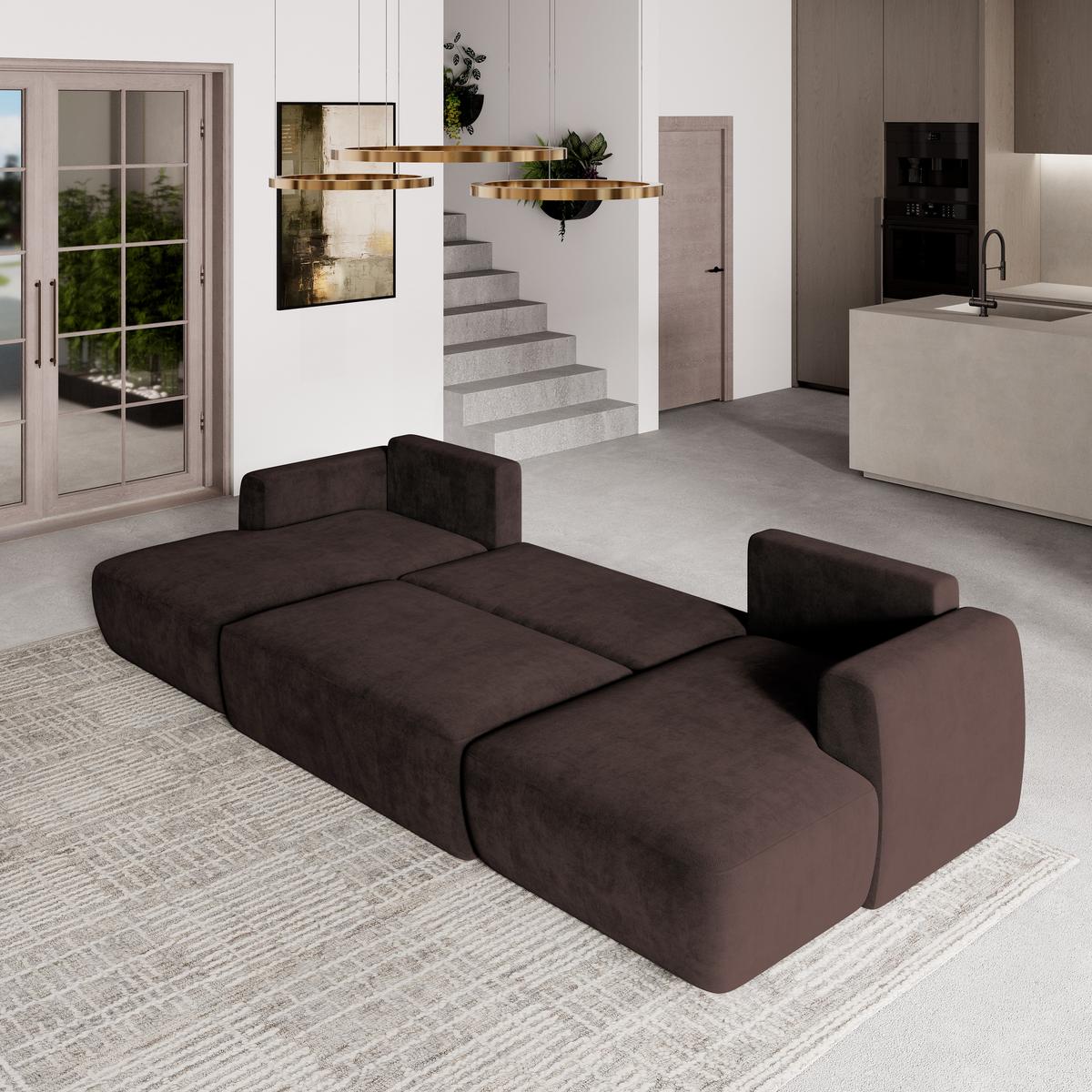 WOHNLANDSCHAFT SENTUM K Braun Plüsch-Stoff mit Schlaffunktion - Schwarz/Braun, Holz/Kunststoff (330/90/148cm) - MASSENO