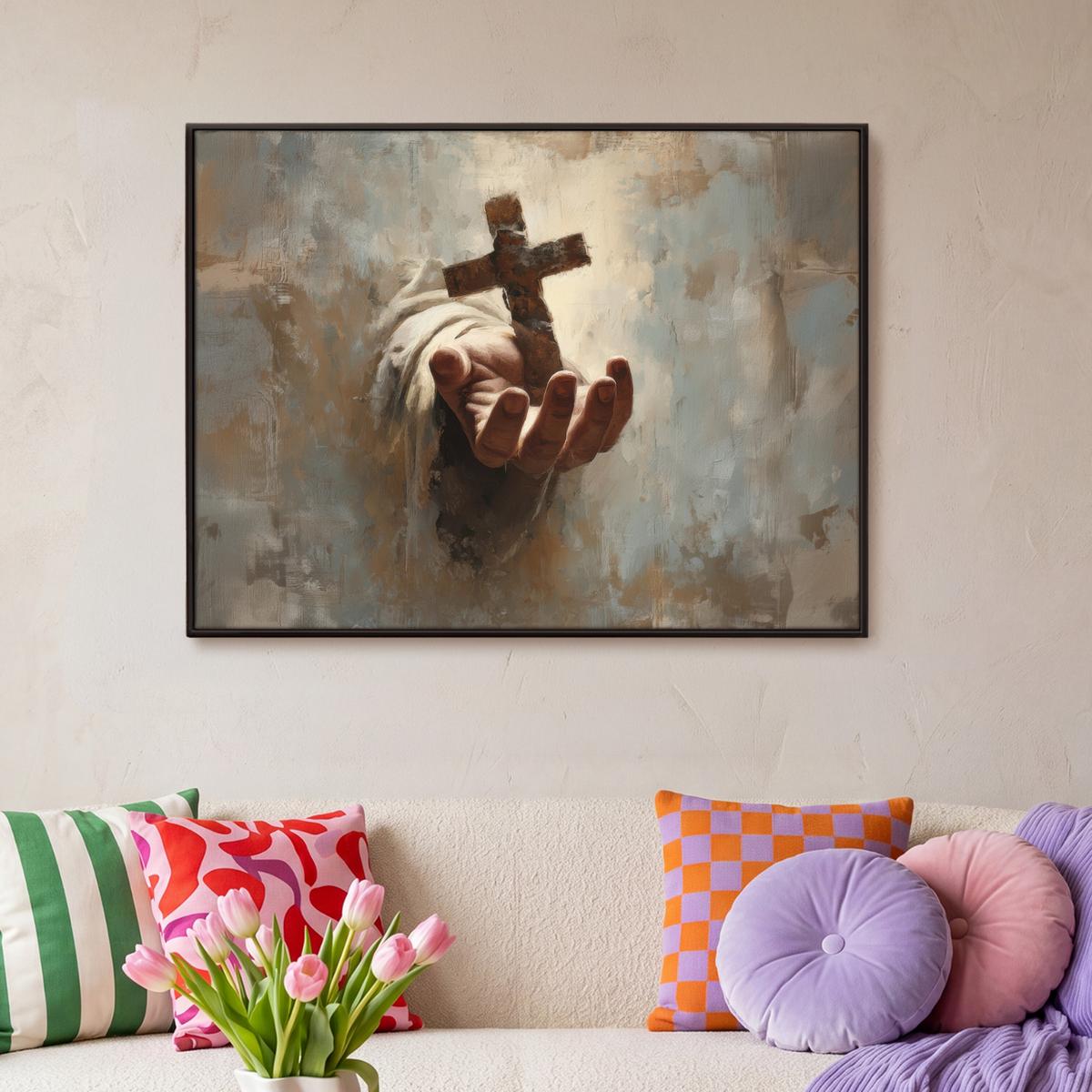 LEINWAND Bilder mit Rahmen - Abstrakt - Kreuz - Hand - Christentum - 100x70 - Hellbraun, Textil (100/70cm) - MuchoWow