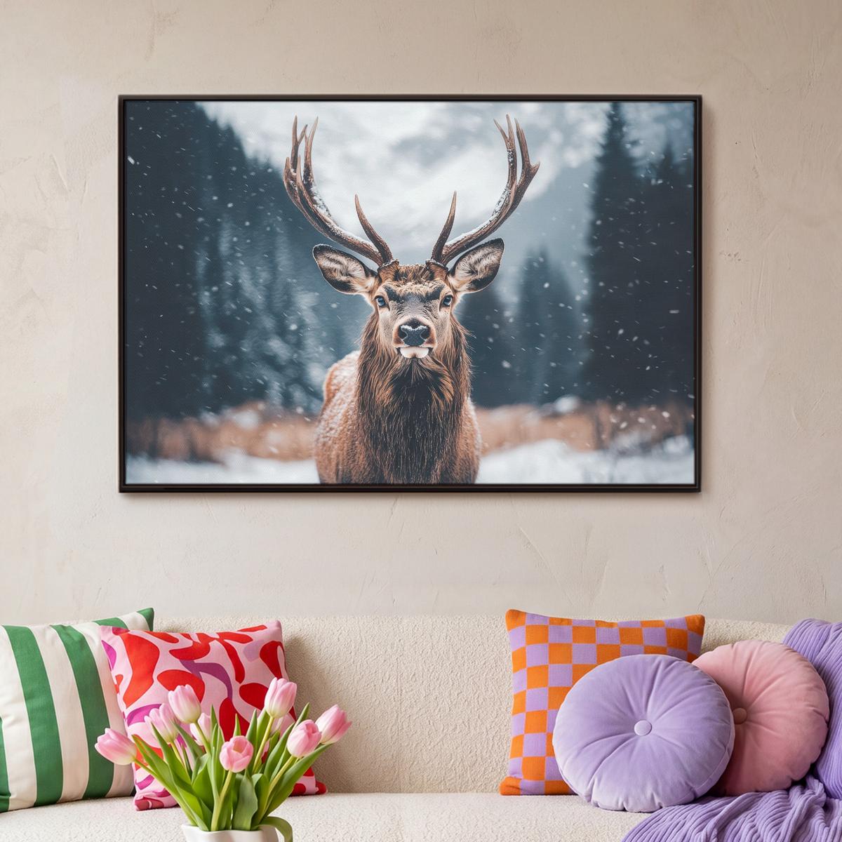 LEINWAND Bilder mit Rahmen - Hirsche - Tiere - Landschaft - Winter - Schnee - 90x60 - Kastanienfarben, Textil (90/60cm) - MuchoWow