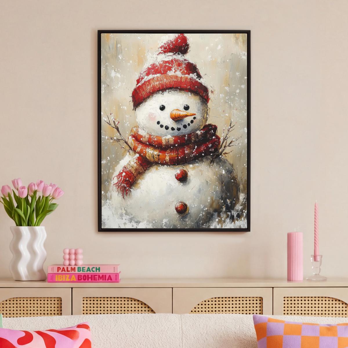 LEINWAND Bilder mit Rahmen - Schneemann - Winter - Schnee - Beige - 70x100 - Weiß, Textil (70/100cm) - MuchoWow