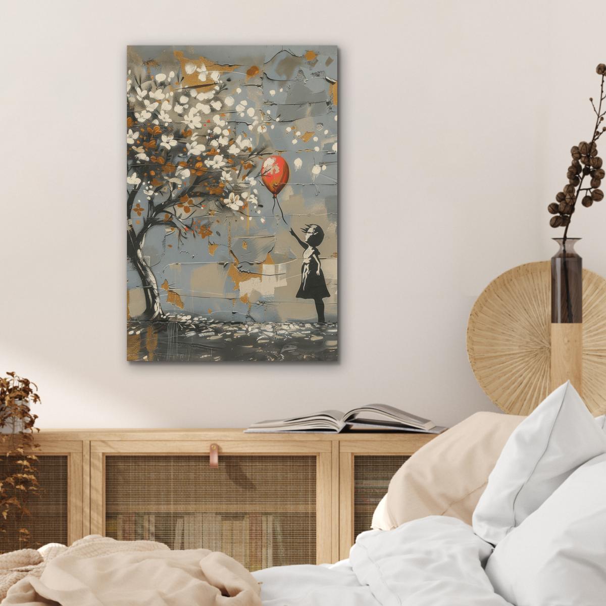 AKUSTIKBILD Baum - Graffiti - Banksy-Stil - Ballon-Mädchen Kunstdruck Schlafzimmer 50x70 cm - Blaugrau, Kunststoff (50/70/0.9cm) - MuchoWow