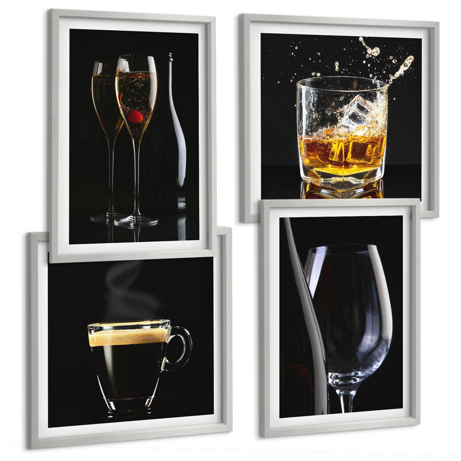 BILDER SET 4er Set - 50x50 cm & 40x60 cm Silberner Rahmen - Whisky, Wein, Champagner, Kaffee, Alkohol - Silberfarben, Kunststoff (50/50cm) - TULUP