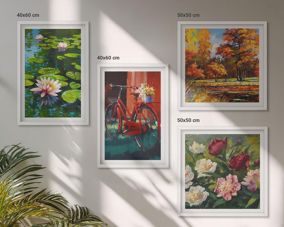 BILDER SET 4er Set - 50x50 cm & 40x60 cm Weißer Rahmen - Herbstfarben Seerosenteich - Weiß, Kunststoff (50/50cm) - TULUP