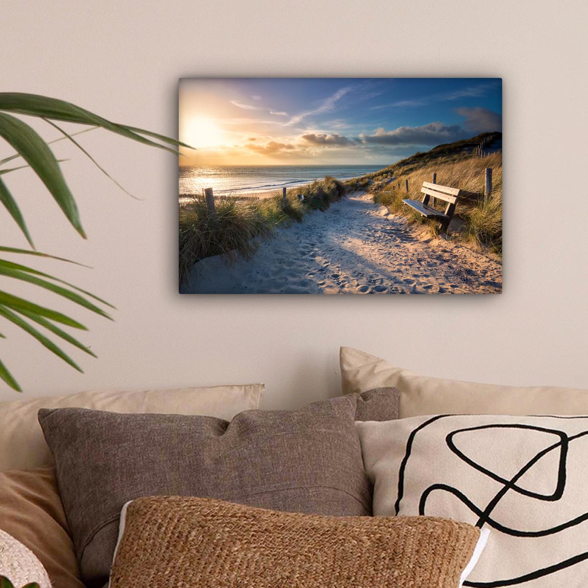 LEINWANDBILD Sonnenuntergang - Strand - Düne - Gras - Ufer Deko Schlafzimmer 30x20 cm - Sandfarben, Textil (30/20cm) - MuchoWow