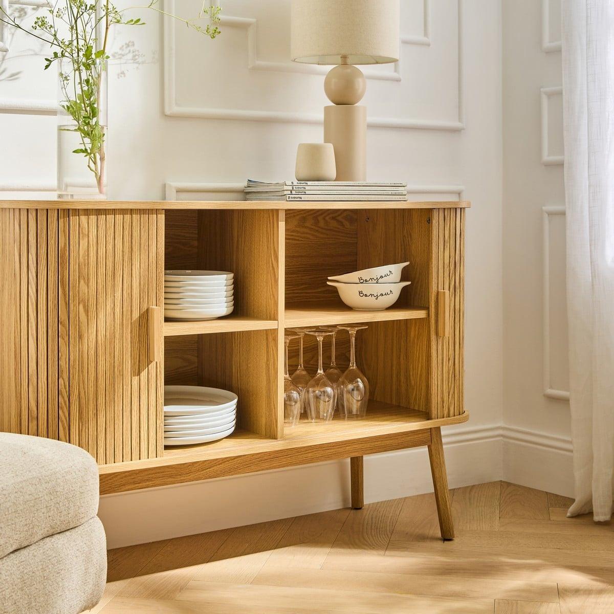 VINTAGE Sideboard Holzdekor 2 Schiebetüren - L110cm - Eiche Bianco, Holzwerkstoff (39/75/47cm) - Calicosy