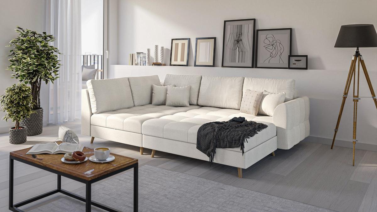 ECKSOFA MIT HOCKER Lorine Mikrofaser Ecru - Ecru/Hellbraun, Buchenholz/Textil (231/161cm) - S-Style Möbel
