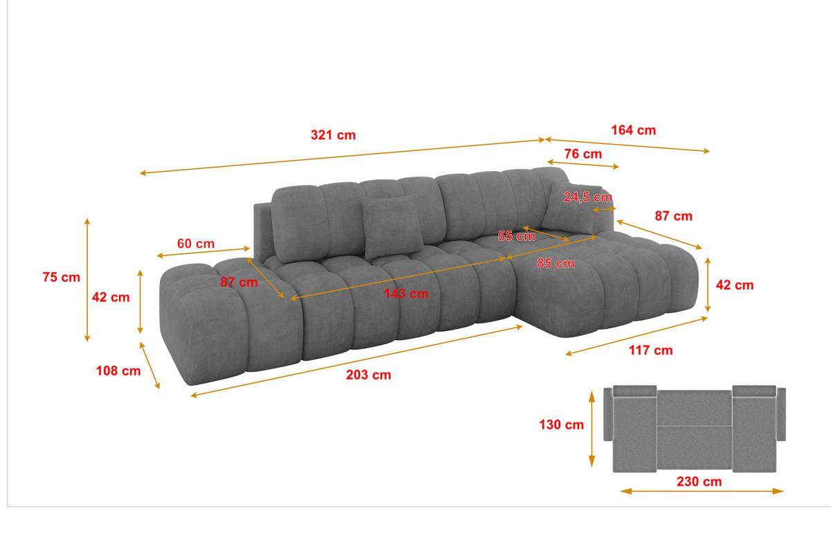 ECKSOFA mit Schlaffunktion Ottomane RECHTS OLEA-L2 321x164x75 Grau Velours - Anthrazit/Schwarz, Holzwerkstoff/Kunststoff (164/321cm) - ALTDECOR