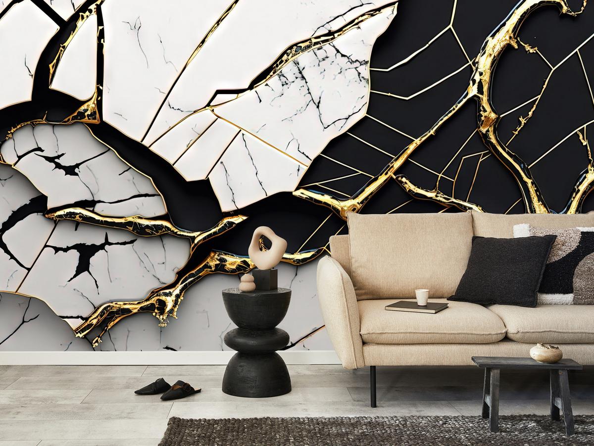 FOTOTAPETER für Badezimmer Abstrakter Marmor Goldene Verzierung 350x256 - Schwarz/Weiß, Papier (350/256cm) - Muralo