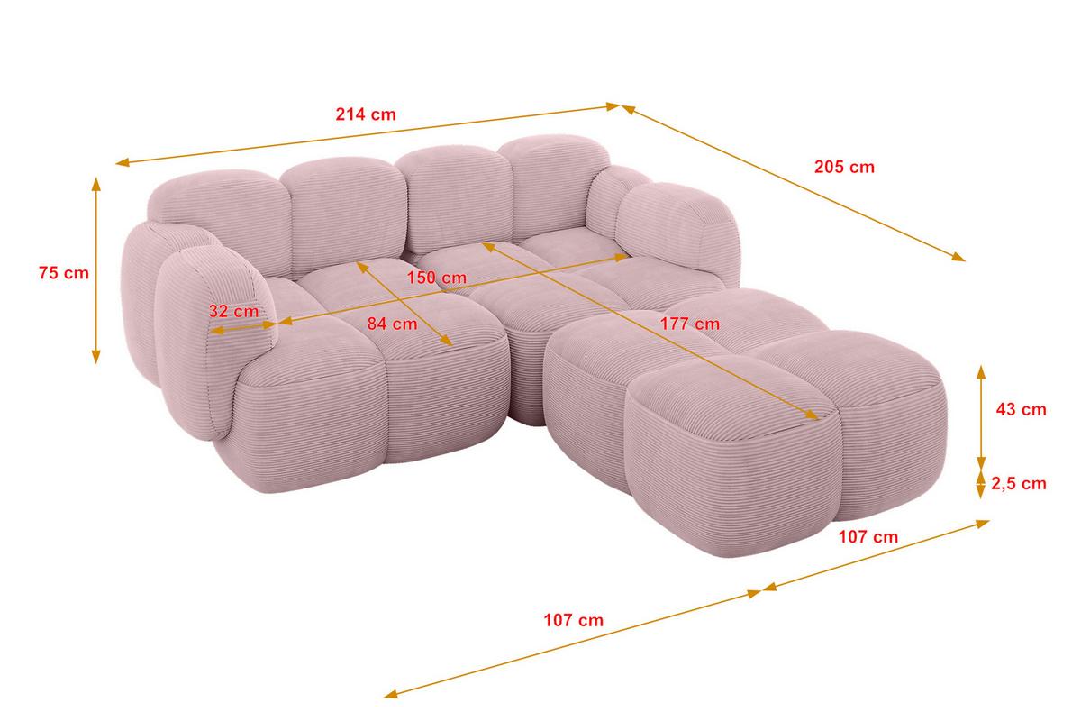 ECKSOFA modulares Sofa Rechts Miko-L1 214x205x75 Rosa Cord - Schwarz/Rosa, Holzwerkstoff/Kunststoff (214/205cm) - ALTDECOR