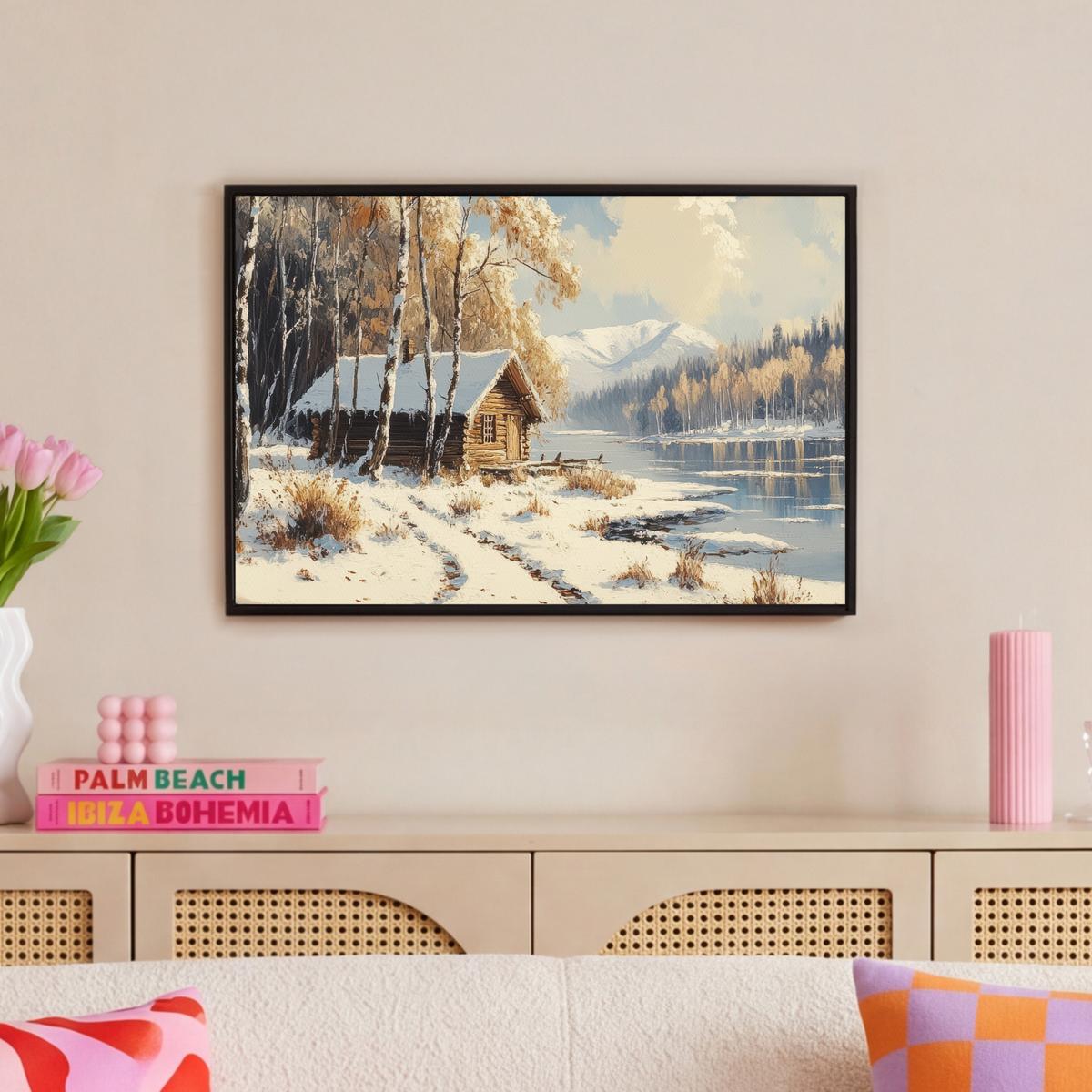 LEINWAND Bilder mit Rahmen - Winter - Schnee - Zuhause - Natur - 60x40 - Hellbraun, Textil (60/40cm) - MuchoWow