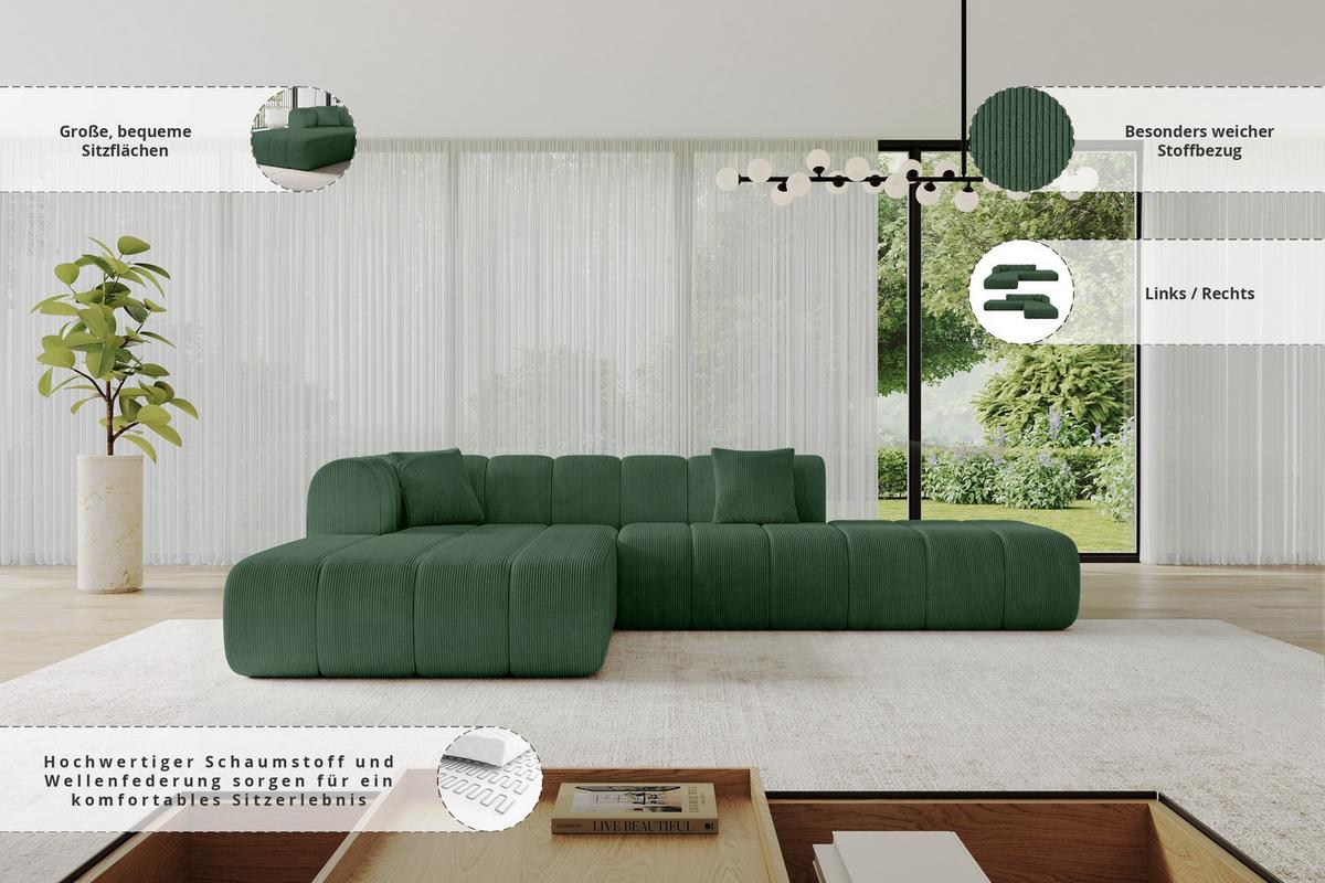 ECKSOFA Ottomane Links BILA-L 289x176x71 Grün Cord - Waldgrün/Schwarz, Holzwerkstoff/Kunststoff (176/289cm) - ALTDECOR
