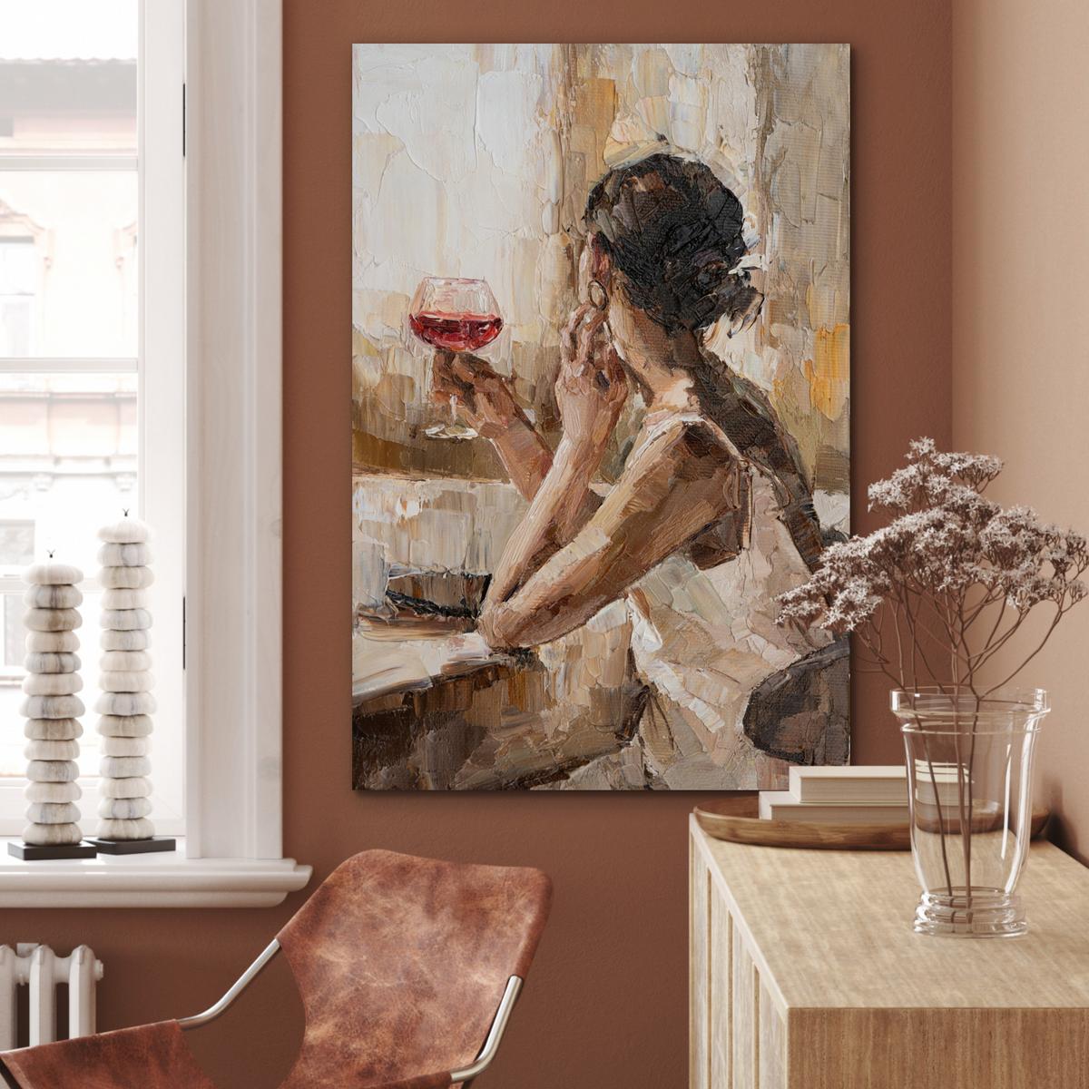 METALLBILD Ölgemälde - Frau - Wein 80x120 cm - Hellbraun, Metall (80/120cm) - MuchoWow