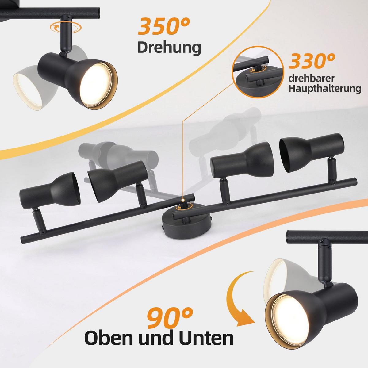 DECKENSTRAHLER Wärmeflügel 4-flammig 60.5/8/16.5cm - Schwarz, Metall (60.5/8/16.5cm) - Nettlife
