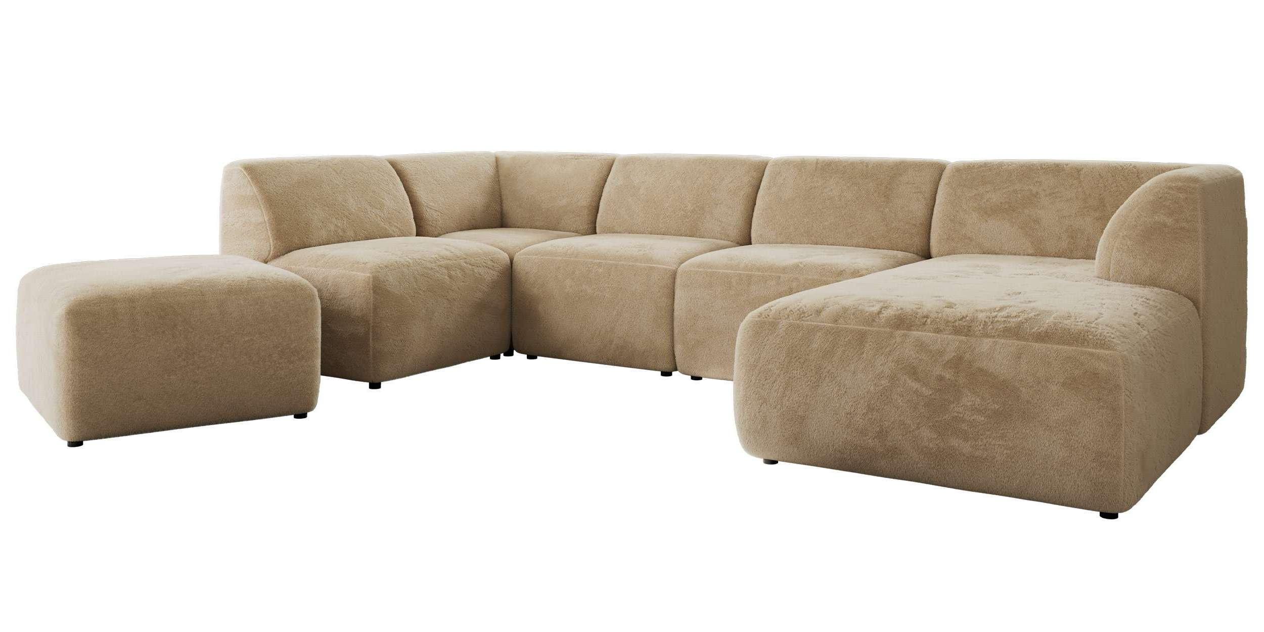 WOHNLANDSCHAFT MODARO U 6M - Beige Plüsch - Rechts - Beige/Schwarz, Textil (345/78/180cm) - MKS