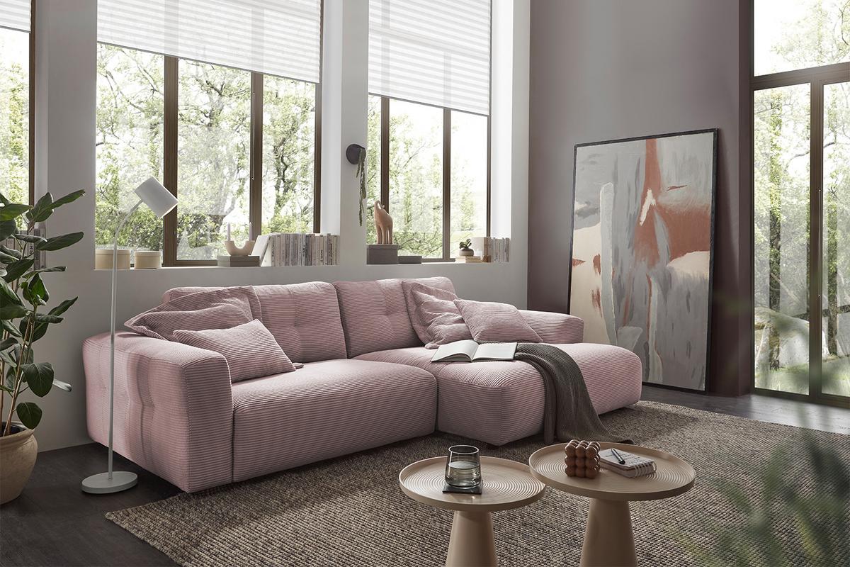 ECKSOFA XL MIKA Pink Cord - Schwarz/Rosa, Kunststoff/Textil (296/167cm) - KAWOLA