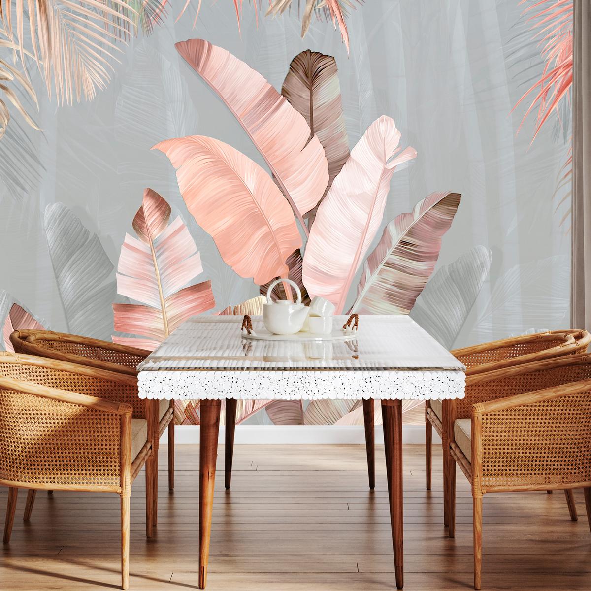 FOTOTAPETE für Esszimmer Tropische Pastell Bananenblätter 350x256 - Beige/Rosa, Papier (350/256cm) - Muralo