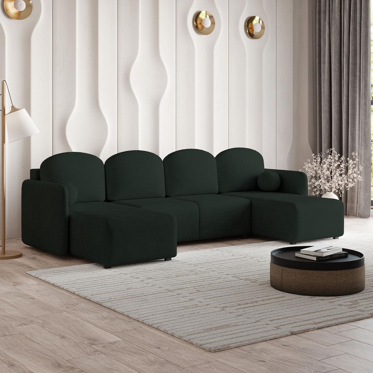 WOHNLANDSCHAFT NUBERO Grün Geflochtener Stoff mit Schlaffunktion - Grün, Holz (285/85/143cm) - MASSENO