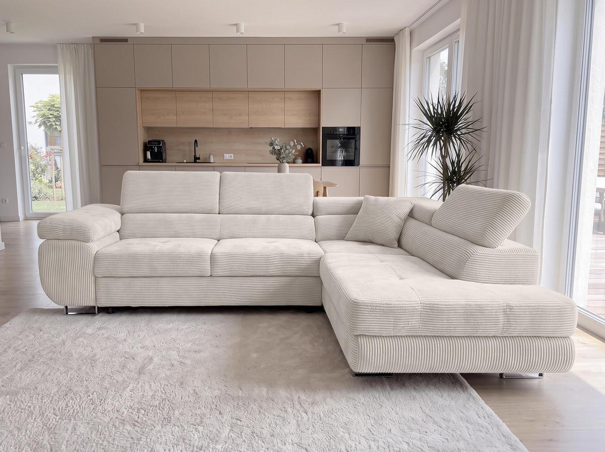 ECKSOFA L Form Konak Cremeweiß 276/201/90 cm Rechts mit Schlaffunktion - Silberfarben/Creme, Textil/Metall (276/203cm) - AX Living