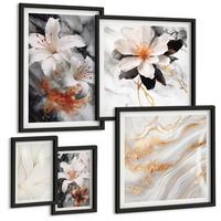 BILDER SET 5er Set - 50x50 cm & 20x30 cm & 40x60 cm Schwarzer Rahmen - Blumen Marmor weiß schwarz - Schwarz, Kunststoff (40/60cm) - TULUP