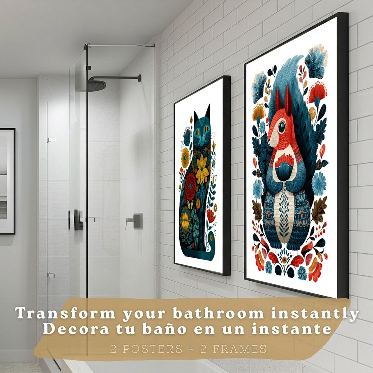 POSTER 2er-Set moderne Kunstdrucke im Folk-Stil, Katzen Eichhörnchen-Dekorationsbilder, farbenfrohe Blumenposter für Wohnzimmer Schwarzer Rahmen A4 - Schwarz, Papier (29.7/21/3cm) - Nacnic