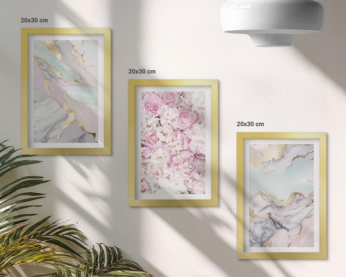 BILDER SET 3er Set - 20x30 cm Goldrahmen - Rosa Blumen Marmor Pastell - Goldfarben, Kunststoff (20/30cm) - TULUP