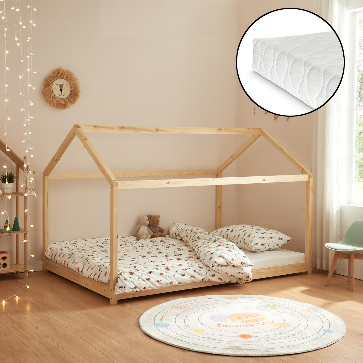 HAUSBETT Cerro mit Matratze - Naturfarben, Holz/Textil (140/200cm) - [en.casa]
