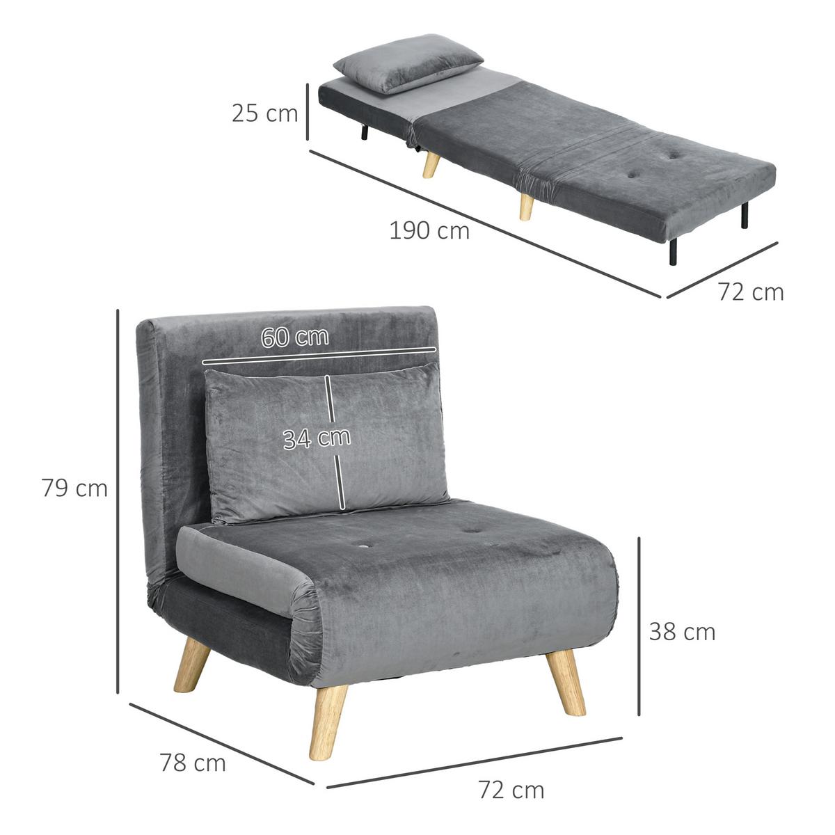 SCHLAFSESSEL, Klappsessel mit Bettfunktion, Schlafsofa mit Kissen, Samt, Grau - Naturfarben/Grau, Holz/Textil (78/79/72cm) - HOMCOM