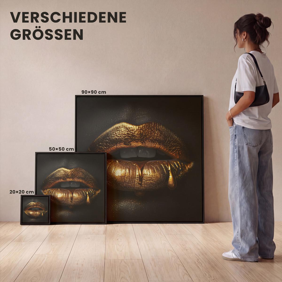 LEINWAND Bilder mit Rahmen - Frau - Porträt - Lippen - Gold - Schwarz - 20x20 - Schwarz, Textil (20/20cm) - MuchoWow