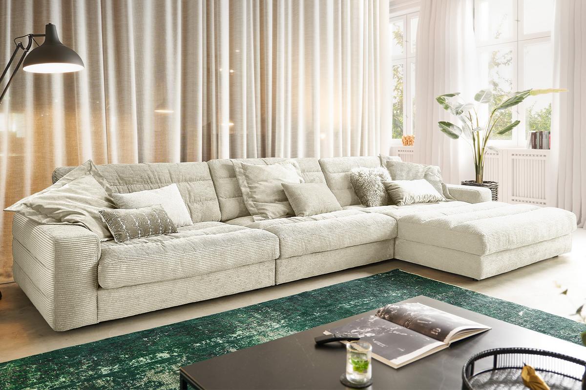 ECKSOFA XL LANA Cremeweiß Cord - Creme/Schwarz, Textil (416/205cm) - KAWOLA