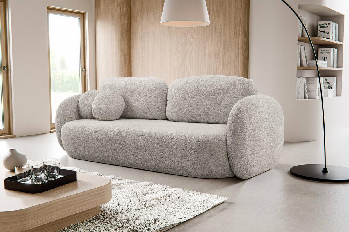 BETTSOFA AMICO Grau Bucle-Stoff mit Schlaffunktion - Grau, Holz (238/86.5/101cm) - MASSENO