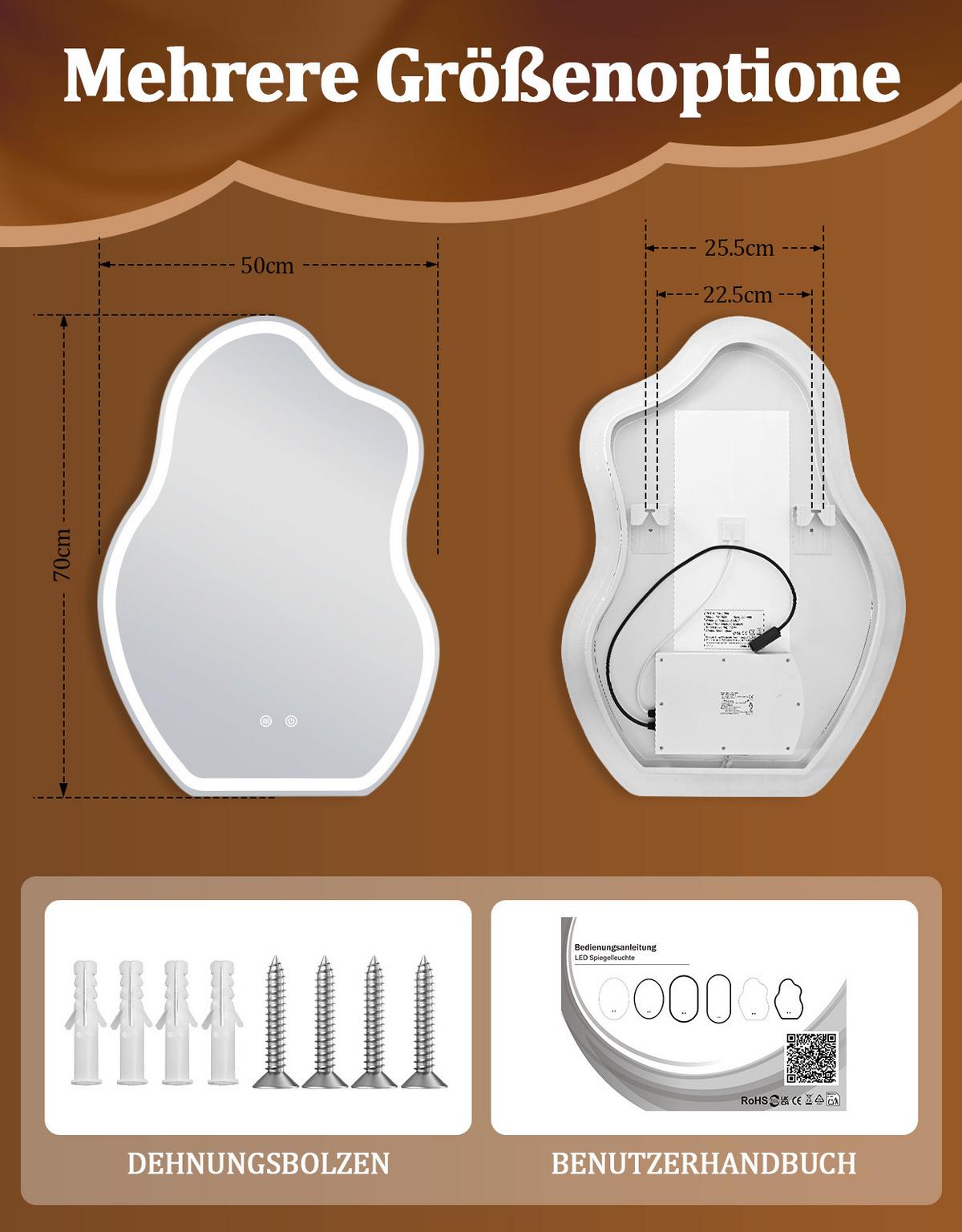 BADSPIEGEL mit Beleuchtung Jarwen 3.4/50/70 cm - Weiß, Glas (50/70/3.4cm) - ZMH