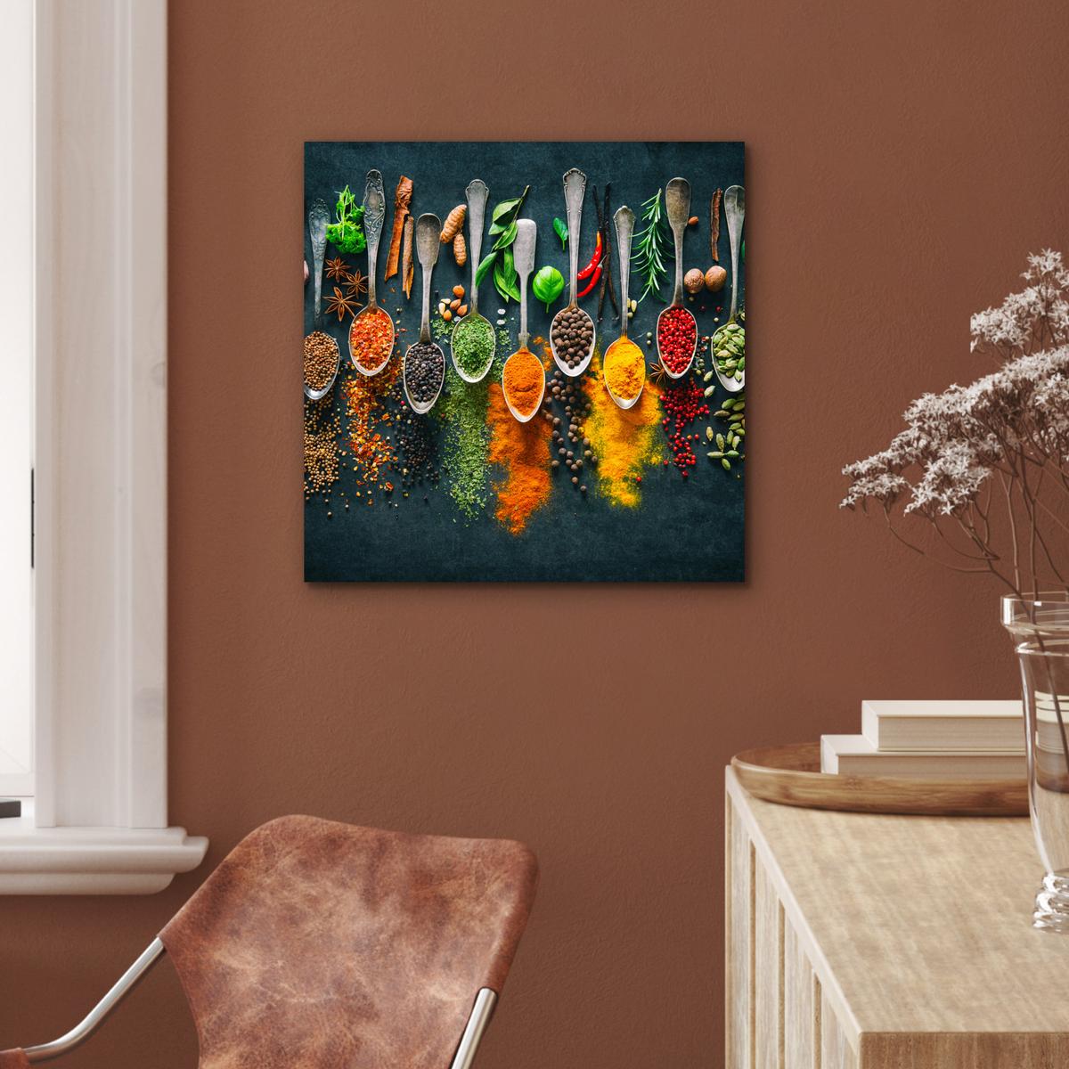 METALLBILD Kräuter - Gewürze - Löffel 50x50 cm - Currygelb, Metall (50/50cm) - MuchoWow