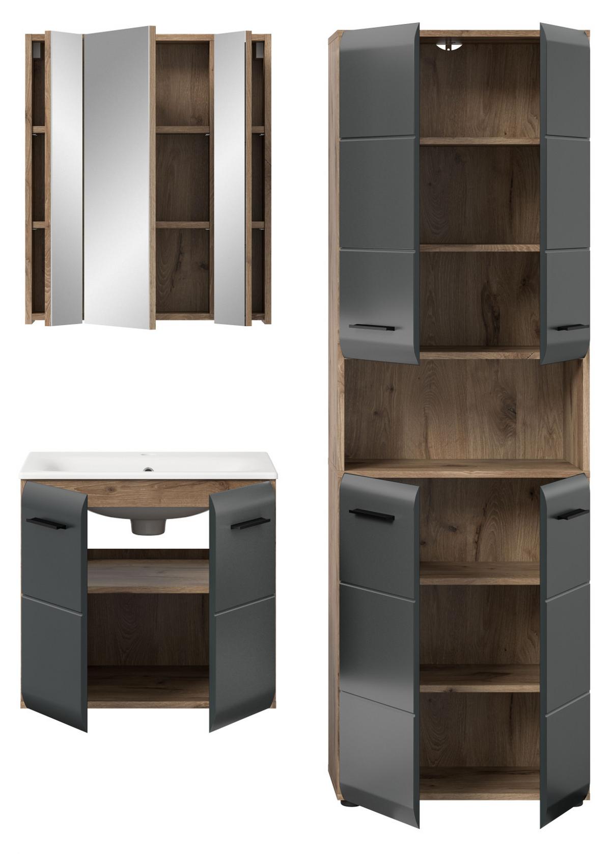 BADMÖBEL-SET 3-teilig schwarz matt, Nox Eiche, Badkombination 135 cm inklusive Waschbecken - Eichefarben/Schwarz, Glas/Holzwerkstoff (135/185/46cm) - Inn.Furn
