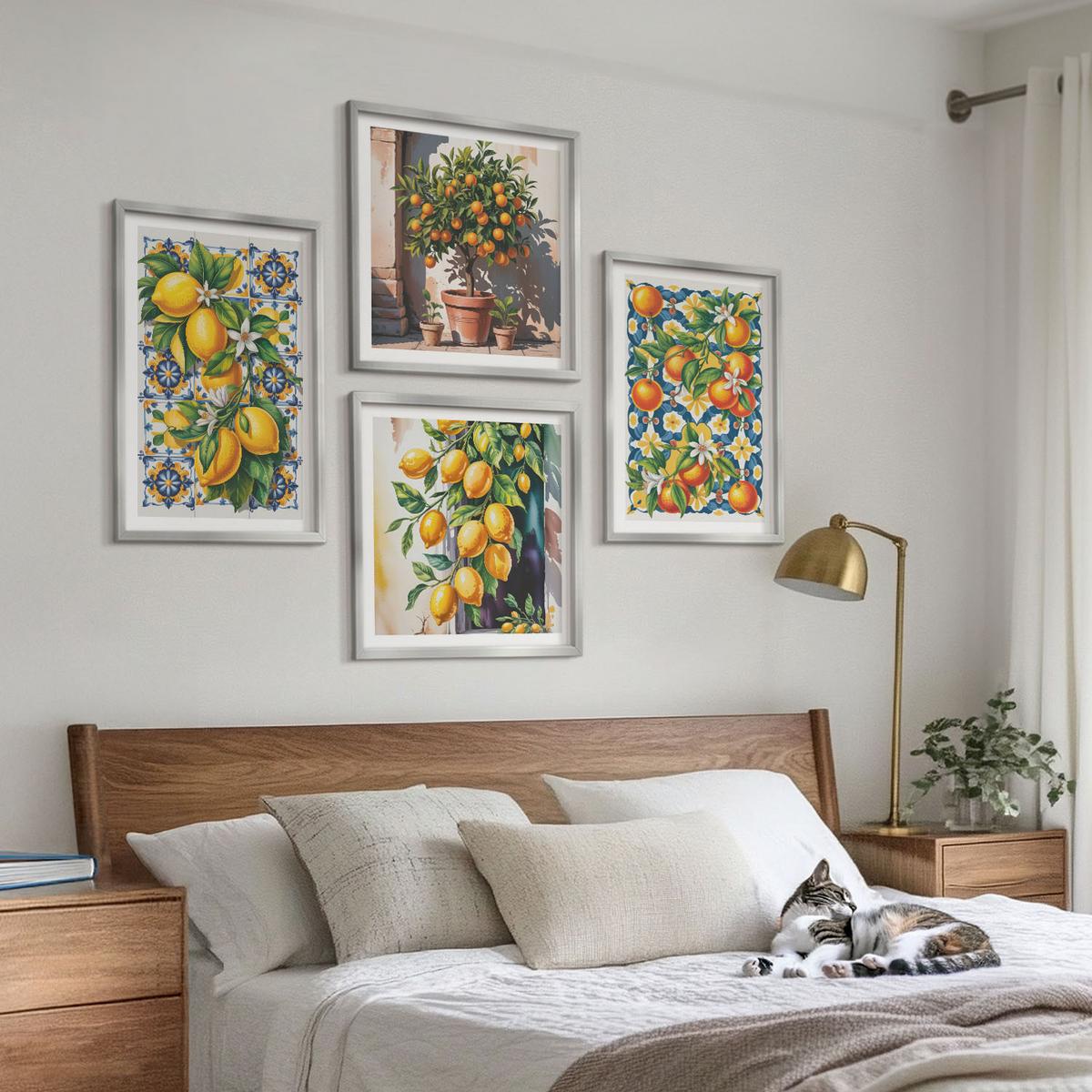 BILDER SET 4er Set - 50x50 cm & 40x60 cm Silberner Rahmen - Farbenfrohe abstrakte Zitrusfrüchte - Silberfarben, Kunststoff (50/50cm) - TULUP