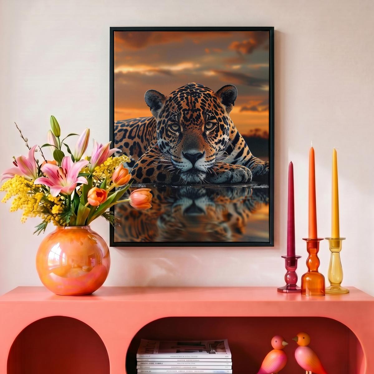 LEINWAND Bilder mit Rahmen - Natur - Leopard - Tier - Sonnenuntergang - Modern - 30x40 - Orange, Textil (30/40cm) - MuchoWow