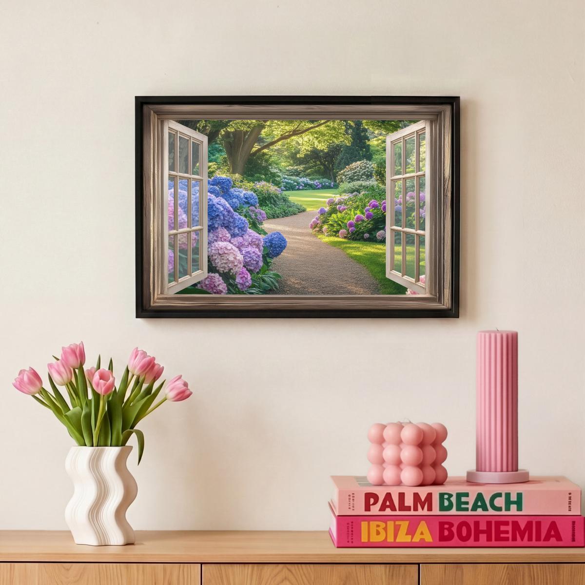 LEINWAND Bilder mit Rahmen - Aussicht - Garten - Fenster - Hortensie - Blumen - 30x20 - Pastellblau, Textil (30/20cm) - MuchoWow