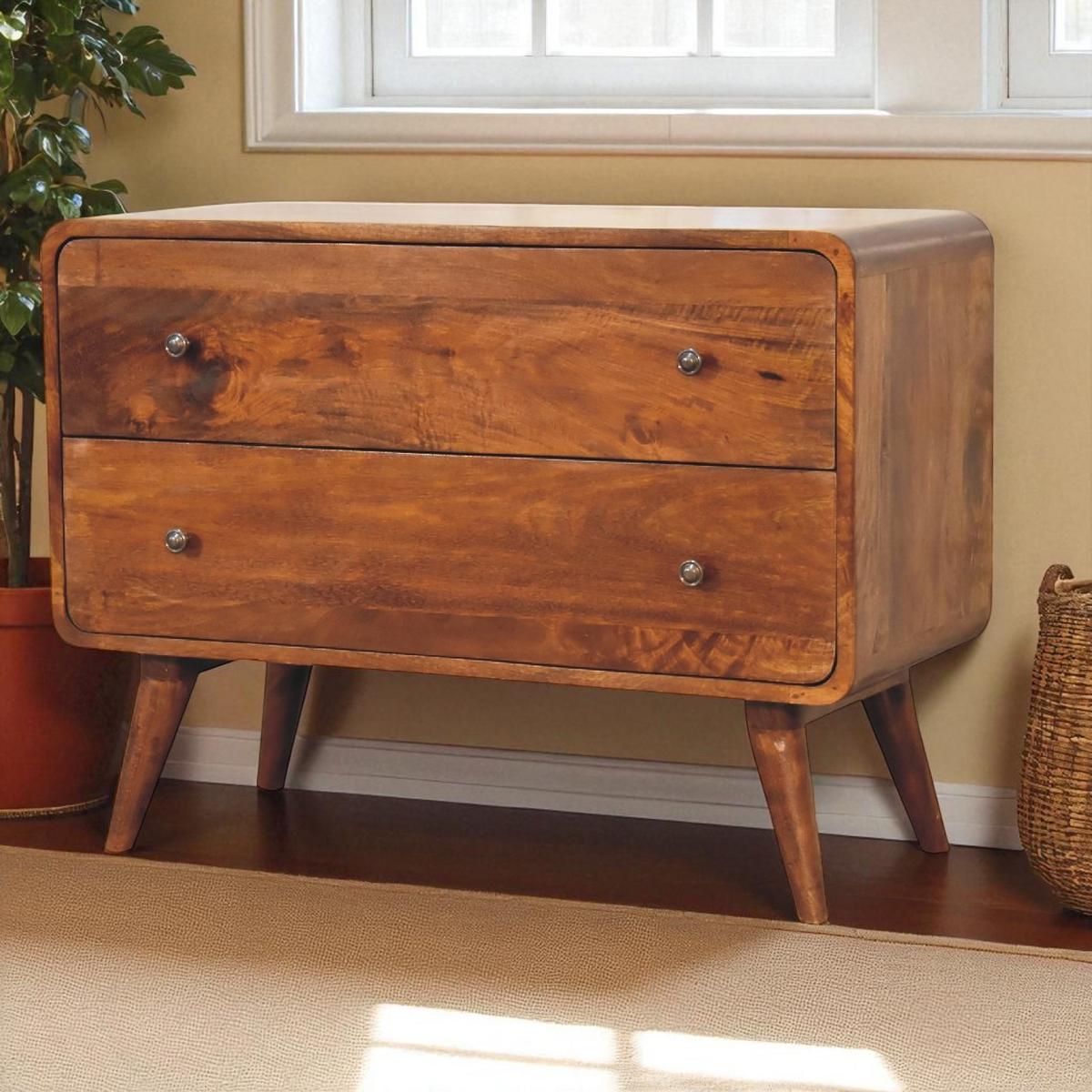 KOMMODE Massivholz Gebogenes Kastanienbraun, 2 Schubladen, Dunkelbraun - Dunkelbraun/Messingfarben, Mangoholz/Holz (80/58/35cm) - Artisan Furniture