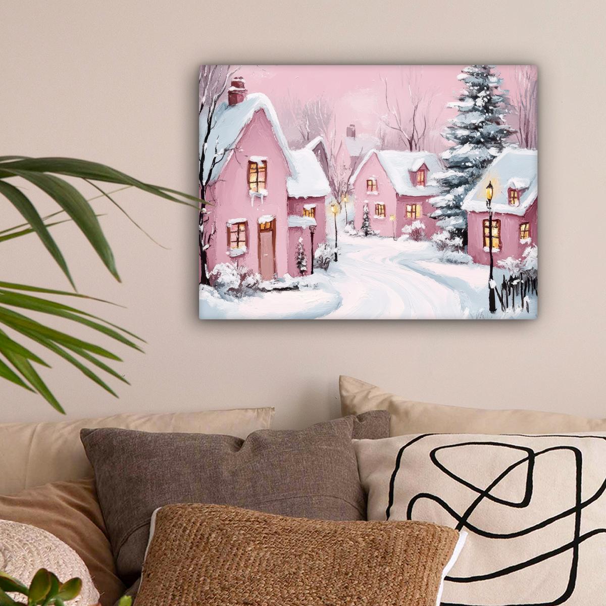 LEINWANDBILD Weihnachtsdorf - Rosa - Winter - Schnee - Häuser Wandbild 40x30 cm - Altrosa, Textil (40/30cm) - MuchoWow